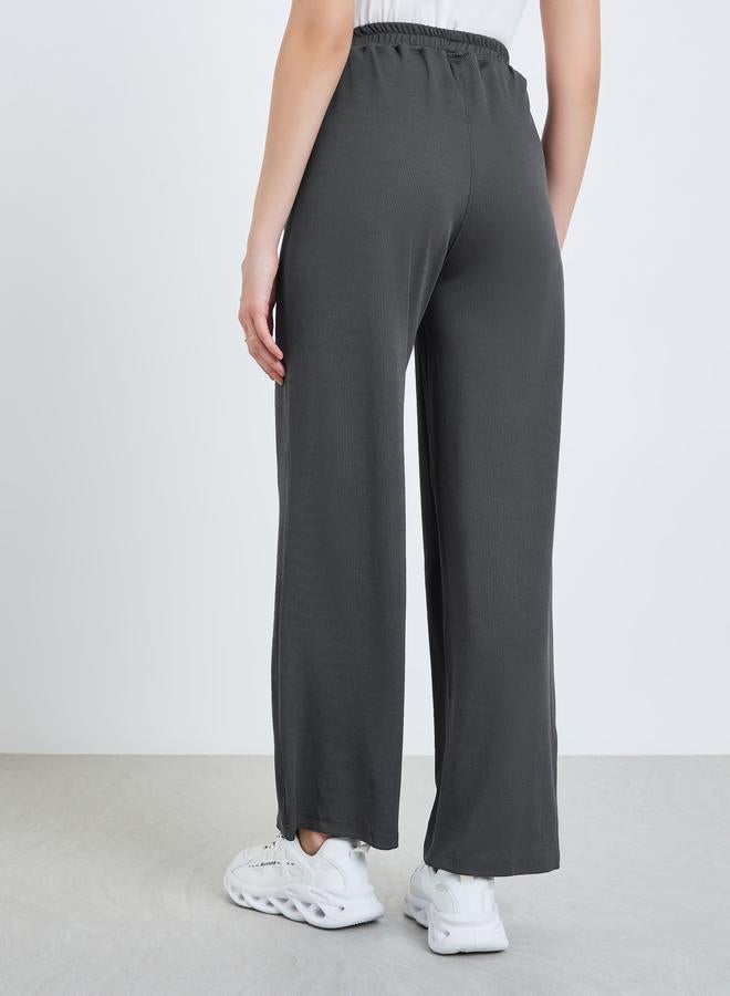 Styli Women Charcoal Ribbed Wide Leg Pants - Image 4